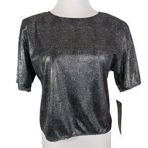 Vintage Los Angeles (213) Womens Blouse Size Medium Black Silver Metallic Thin